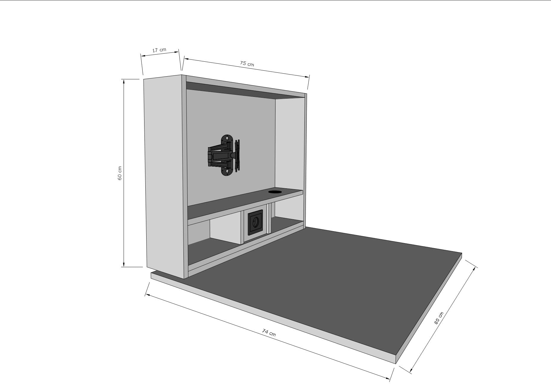 رسم توضيحي لأبعاد مكتب AKKADESK الجداري القابل للطي